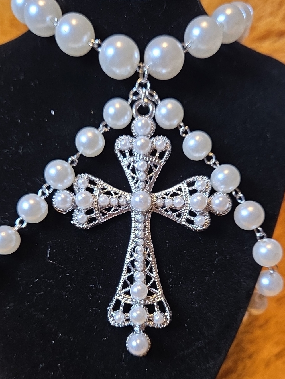 Pearl Cross Pendant Layered Necklace - White - Picture 2 of 3